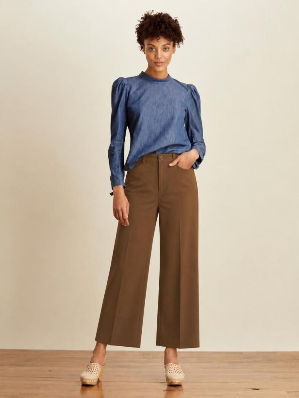Veronica Beard puff sleeve button back Isabel chambray denim blouse
